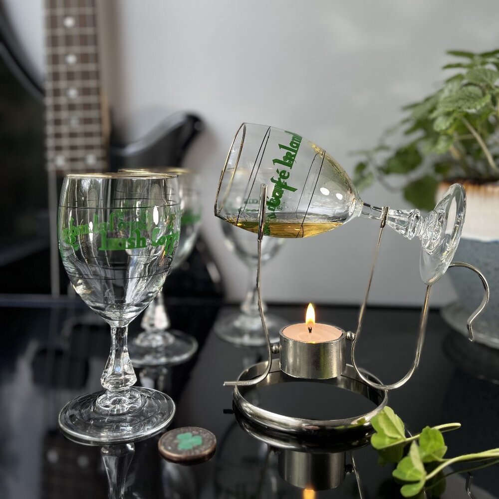 Set Irish Coffee Chef Mates 4 Wine Glasses + Warming Stand + Recipe Booklet